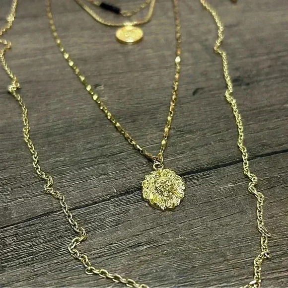 Gold Tone Four Strand Coin and Lion Pendants Necklace - Picture 2 of 7